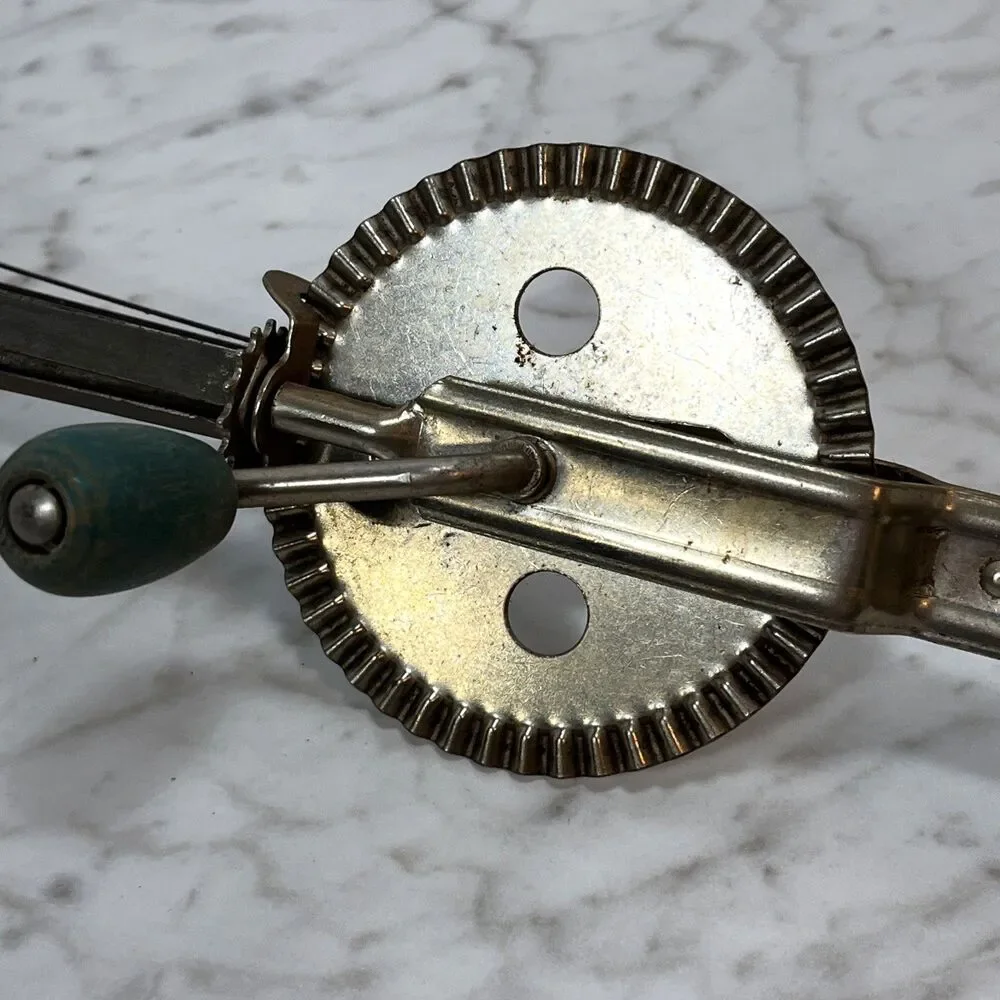 Antique A&J USA High Speed Hand Mixer Egg Beater Vintage Green Wood Handle